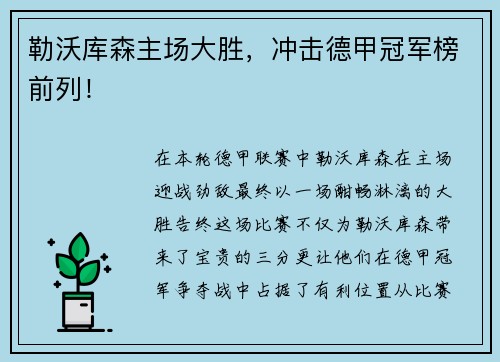 勒沃库森主场大胜，冲击德甲冠军榜前列！