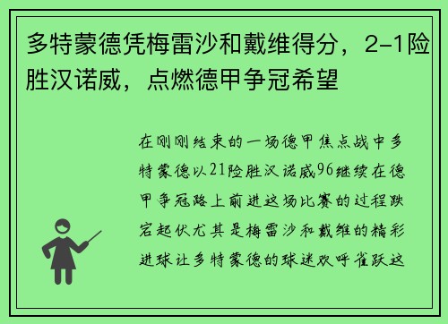 多特蒙德凭梅雷沙和戴维得分，2-1险胜汉诺威，点燃德甲争冠希望